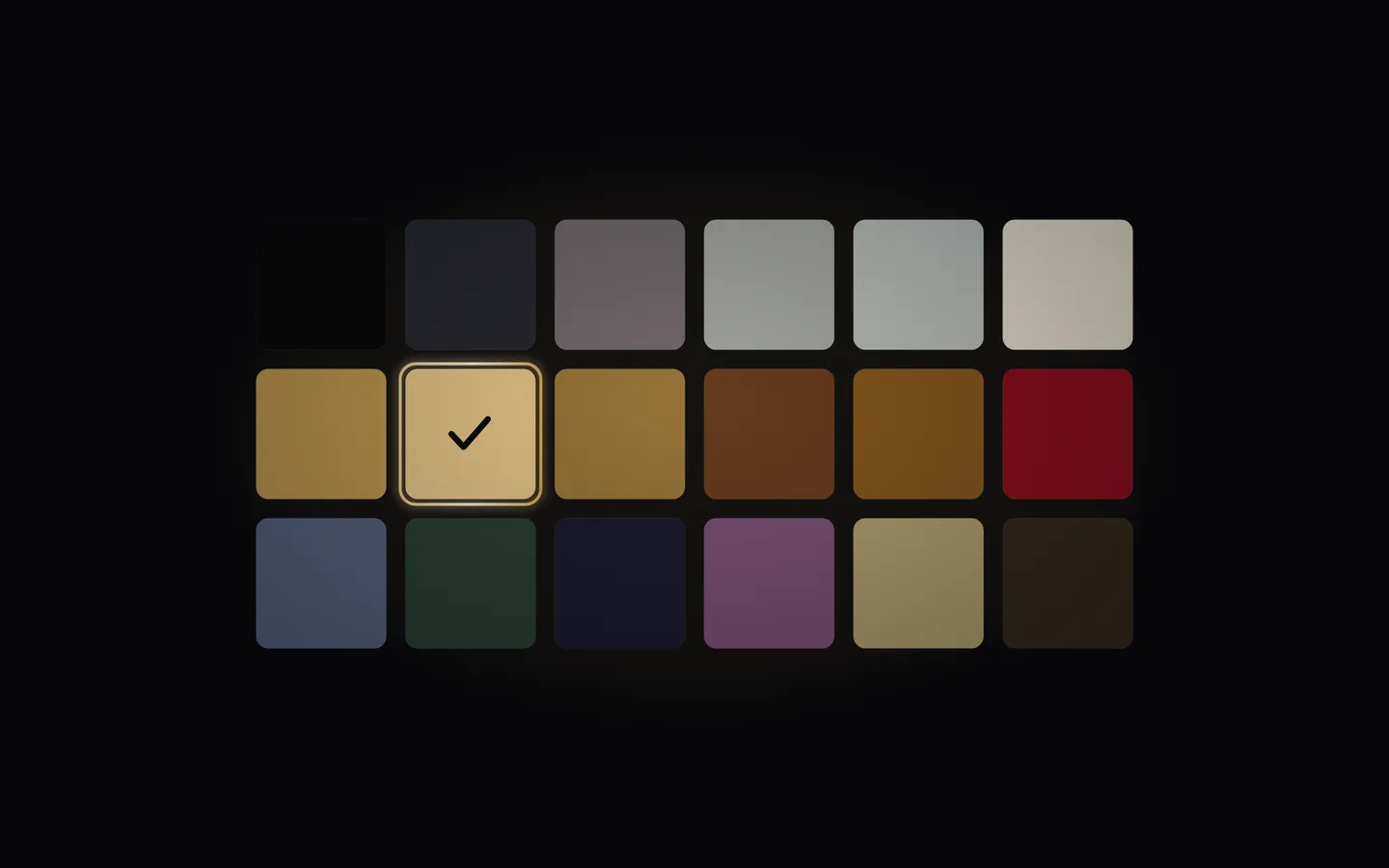A grid of paint color swatches with one gold shade selected and checkmarked